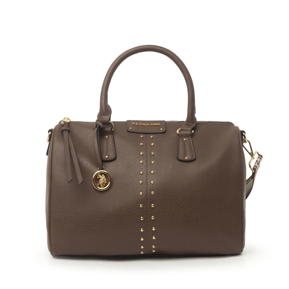 U.S. Polo Assn. Brown Pebbled Satchel with Gold Studs